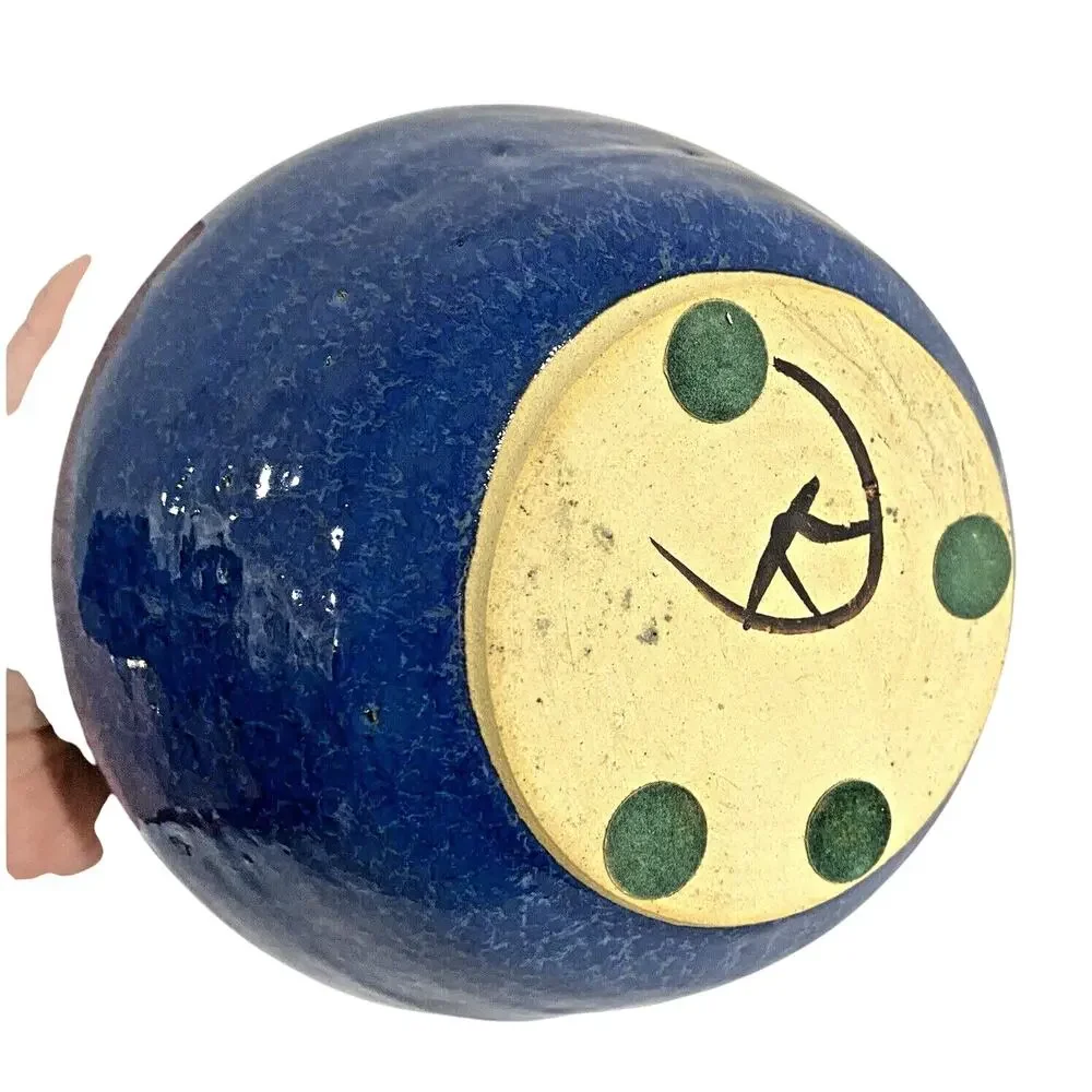 Studio pottery flower pot vase planter deep blue ovoid organic cottage farmhouse